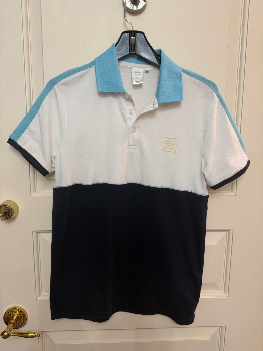 BOSS White, Light Blue & Black Colorblock Polo